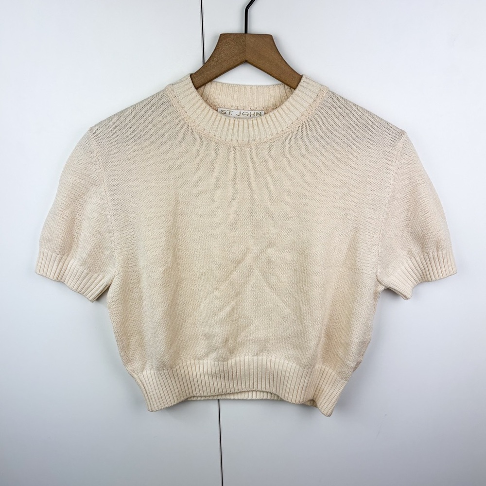 St. John Santana Wool Knit Short Sleeve Crew Sweater Top Basics Vintage Petite